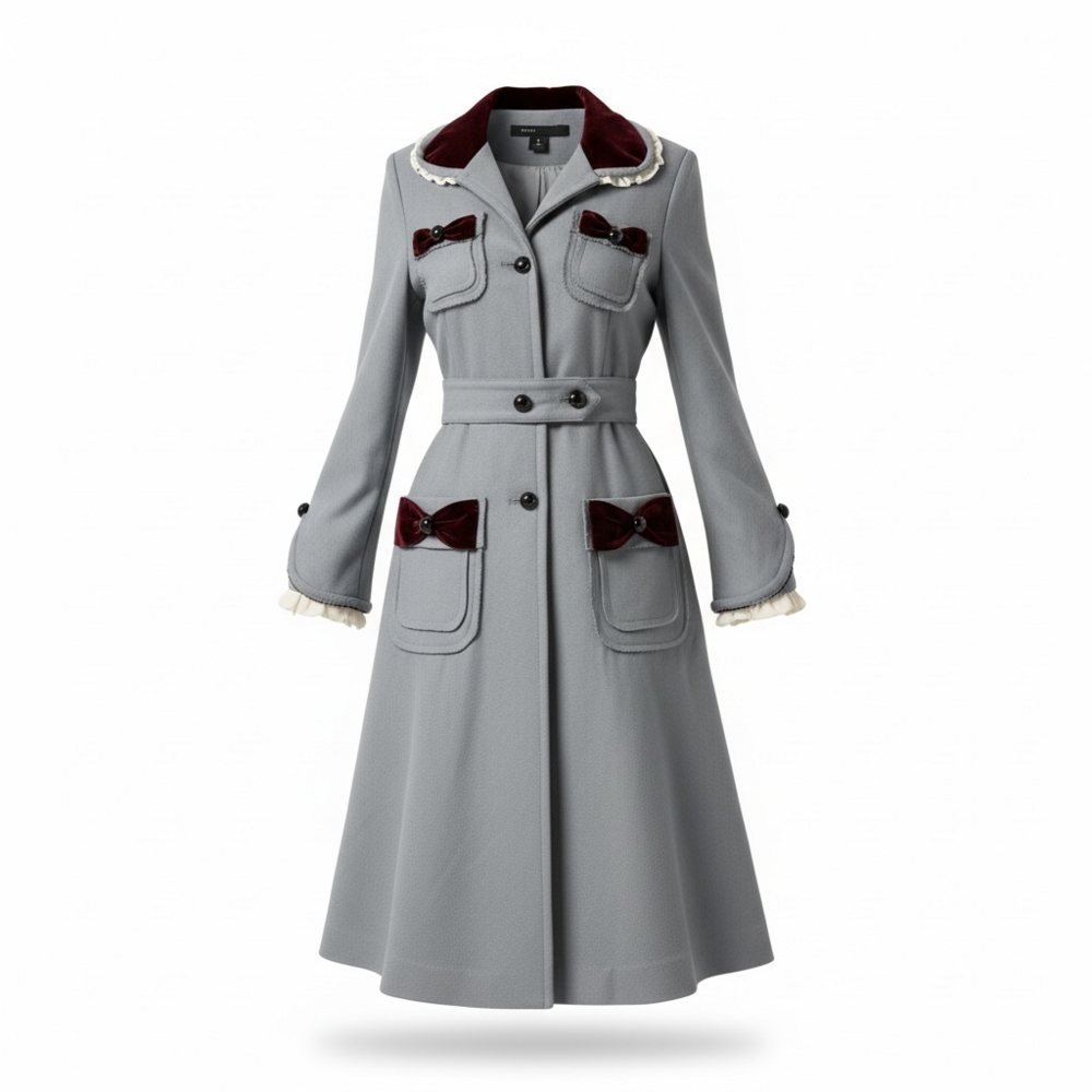 Vintage Marc Jacobs Grey Coat with Velvet Bows and Ruffle Details